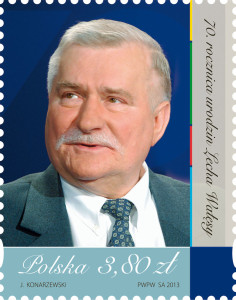 Lech Wałęsa stamp issued in Poland for his 70th birthday on September 29, 2013.