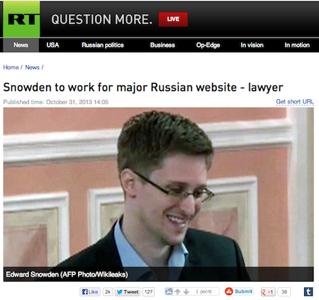 Russia Today on Snowden's Job - Screen Shot 2013-10-31 at 2.58.57 PM. It shows over 2,000 Facebook Likes. At the same time a Reuters' news report on the VOA English website still showed only 1 Facebook Like.