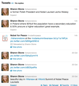Sharon Stone reports  on Twitter about her Peace Summit Award.