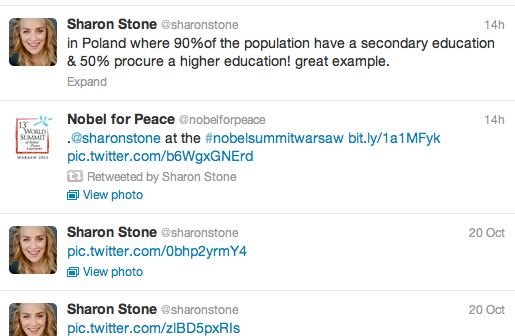 Sharon Stone reports on Twitter about her Peace Summit Award.
