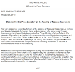 White House Statement on Mazowiecki's Death