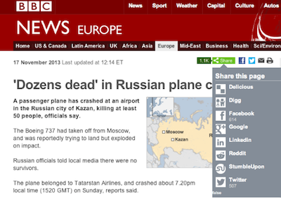 BBC Russian plane crash news report shows over 600 Facebook Likes.