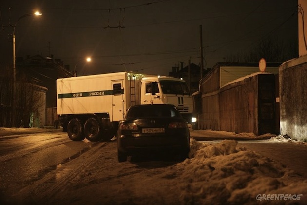 A prison van is seen leaving a Murmansk detention center to transport the Arctic 30 to the train station. Transport away from a Murmansk detention center of the Arctic 30, who are currently detained by Russian authorities, by a railway prison wagon containing cells which are attached to a passenger train. The Arctic 30 (28 Greenpeace International activists and a freelance photographer and a freelance videographer) have been refused bail.  © © Igor Podgorny, Greenpeace
