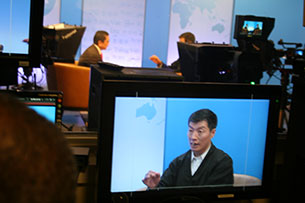 Lobsang Sangay, the political head of the Tibetan government in exile, being interviewed at Radio Free Asia. RFA photo.