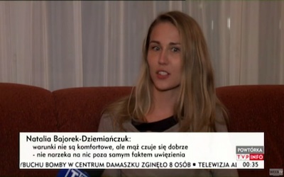 Natalia Bajorek-Dziemianczuk, wife of jailed Polish Greenpeace activist Tomasz Dziemianczuk, being interviewed by Polish TV after visiting her husband in jail in Murmansk, Russia. Source: Polish TV. 