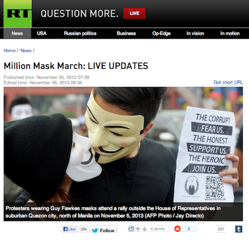 Russia Today's online report on the Million Mask March shows over 26,000 Facebook Likes.