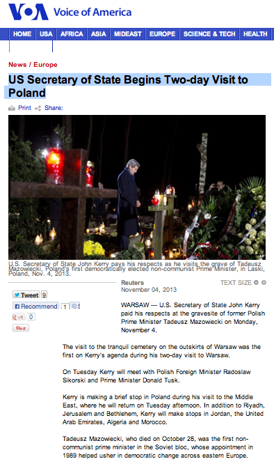 VOA Screen Shot - Reuters on Kerry in Warsaw - 10PM ET - 11-4-13