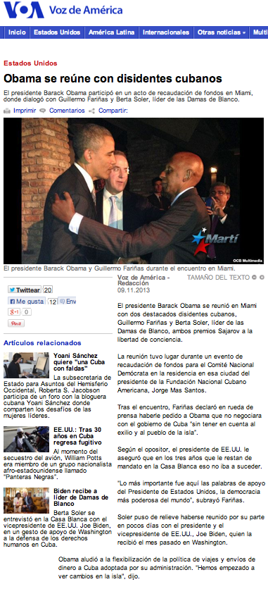 VOA Spanish Service report  on Obama's meeting with Cuban dissidents 'Obama se reúne con dissidents cubanos'