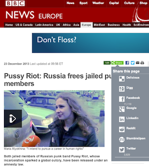 This BBC on the release from prison of Pussy Riot members had over 11, 000 Facebook Likes by early Tuesday morning.
