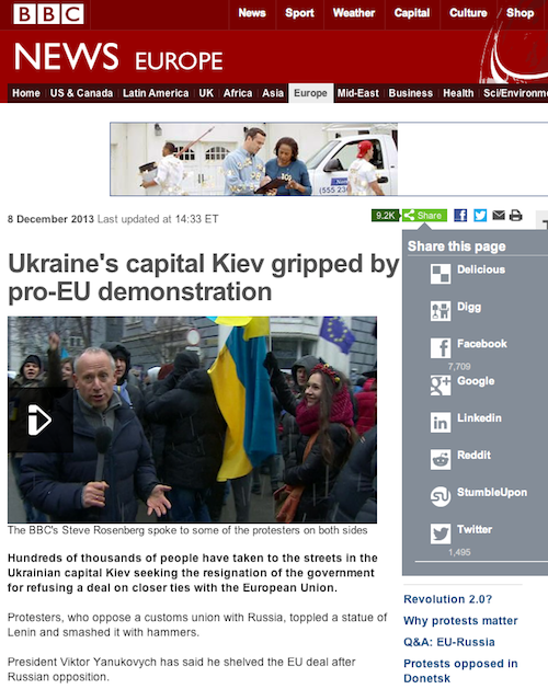 BBC's original report with video and photos from Kiev had 7,709 Facebook Likes as of 9PM Sunday. 
