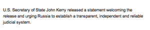 Voice of America English website had one sentence on Secretary Kerry's statement on Mikhail Khodorkovsky's release.