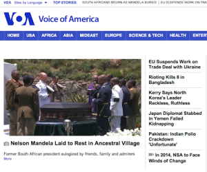 Screenshot of VOA English Homepage taken at 11AM, 12-15-13, shows no news from Ukraine. There is no report on Senator McCain's visit.