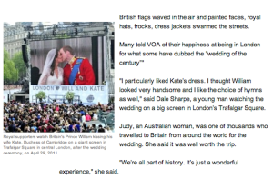 From VOA report on British royal wedding, April 28, 2011. It still shows zero Facebook Likes on Dec. 31, 2013.