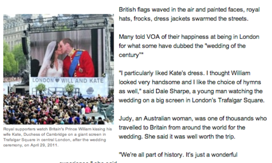 From VOA report on British royal wedding, April 28, 2011. It still shows zero Facebook Likes on Dec. 31, 2013. VOA English website had at least 27 separate reports on the 2011 royal wedding in London but not a single separate report of its own on the U.S. official reaction to the terrorist attacks in Russia on Dec. 29 and Dec. 30.