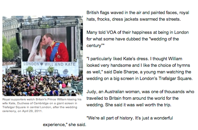 From VOA report on British royal wedding, April 28, 2011. It still shows zero Facebook Likes on Dec. 31, 2013. VOA English website had at least 27 separate reports on the 2011 royal wedding in London but not a single separate report of its own on the U.S. official reaction to the terrorist attacks in Russia on Dec. 29  and Dec. 30.
