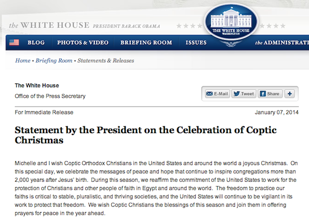 Voice of America did not report to the world on this religious freedom message from President Obama on the celebration of Coptic Christmas.