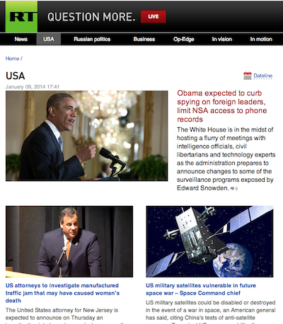 RT (Russia Today) TOP USA NEWS Screen Shot 2014-01-09 at 2.29.36 PM. Chris Christie headline is also prominently shown on RT homepage.