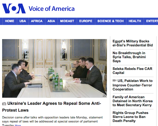VOA English Homepage Screen Shot 2014-01-28, Tuesday at 12.15 AM EST. VOA news report on Ukraine has not been updated in many hours, VOA is not reporting on Biden-Yanukovych phone call.
