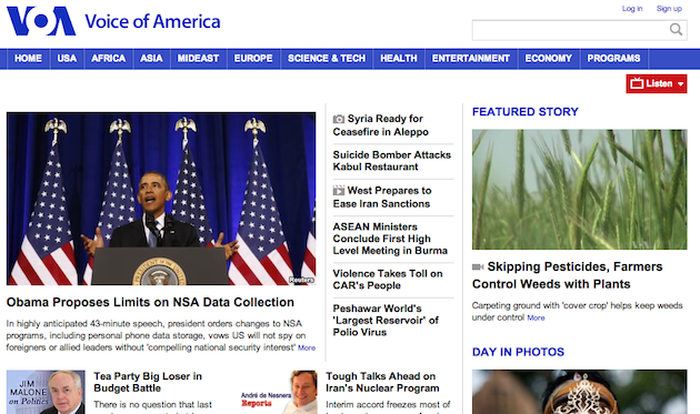 VOA Homepage Screen Shot 2014-01-17 at 4:12 PM ET.