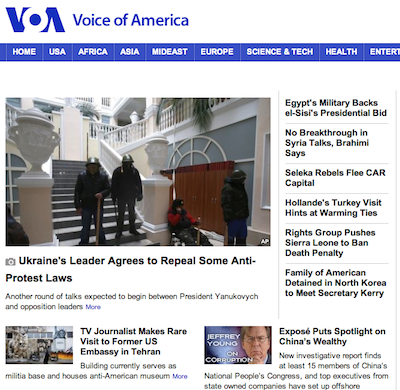 VOA Homepage Screen Shot 2014-01-27 at 9.00 PM EST shows  one old report on Ukraine which has no reference to the Biden-Yanukovych phone call or the White House statement.