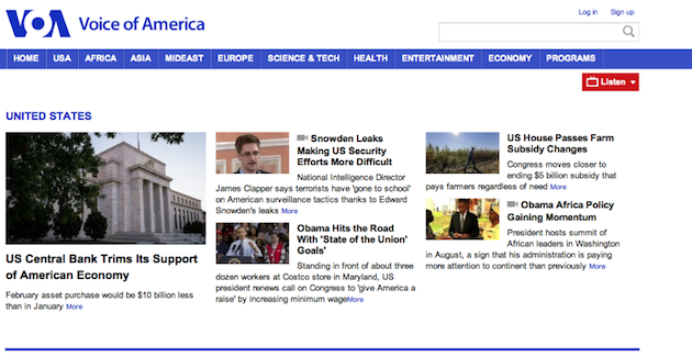 VOA US NEWS Page Screen Shot 2014-01-29 at 4.23PM EST does not show any U.S. weather related reports.