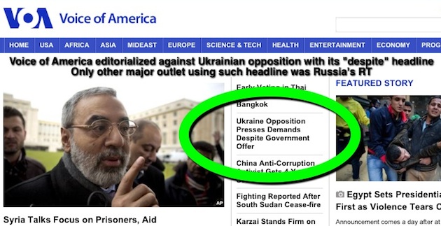 VOA English News used  a similar headline to how Russia's RT reported on the rejection by the Ukrainian opposition of President Yanukovych's offer of government positions.