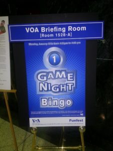 Voice of America poster for a bingo night social sponsored by upper management. An earlier  (2014) employee morale boosting BBG management initiative at taxpayers' expense.