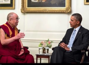 President Barack Obama meets with the Dalai Lama in the Map Room of the White House, Feb. 21, 2014. Official White House Photo by Pete Souza.