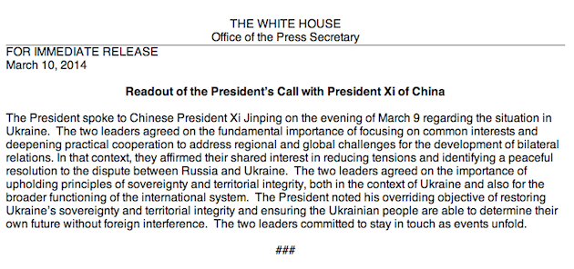 Readout of the President’s Call with President Xi of China