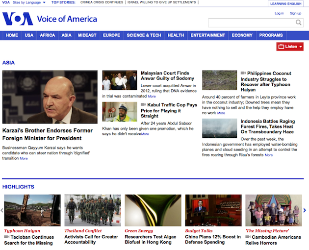VOA Asia News Screen Shot 2014-03-07 at 8.13PM EST. There is still nothing on the VOA Asia news page on the missing plane as of 8:13PM EST.