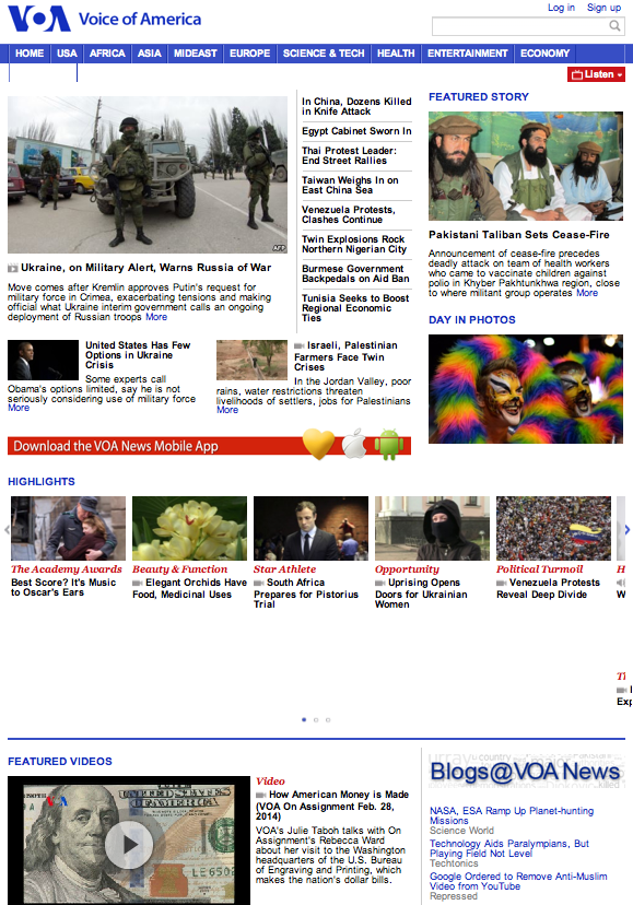 VOA Homepage Screen Shot 2014-03-01 at 11.51PM EST. VOA homepage has no references to the Obama-Putin phone call.