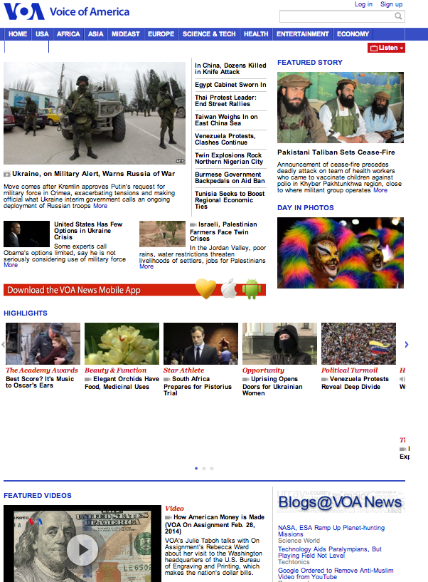 VOA Homepage Screen Shot 2014-03-02 at 12.23AM EST. There are no VOA reports on Secretary Kerry's statement on Ukraine.