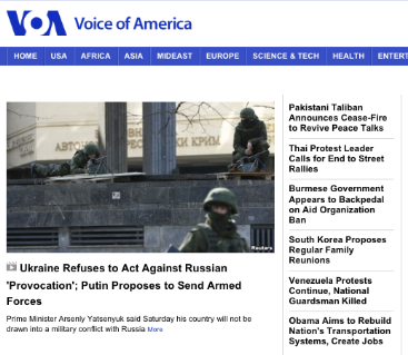 VOA Screen Shot 2014-03-01 at 11.04 AM EST still shows an old report on Ukraine and nothing on the upper house of the Russian Parliament approving President Putin's request to use military force.