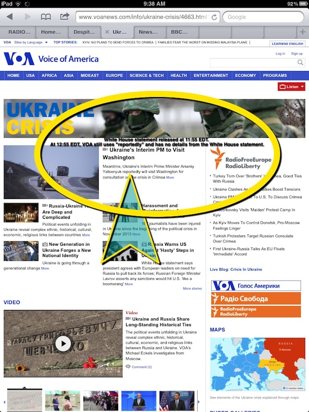 VOA Ukraine News Screenshot 12.55PM EDT 3-9-14. One hour after the White House released a statement on the visit, VOA still has no report on it on its Ukraine News page.