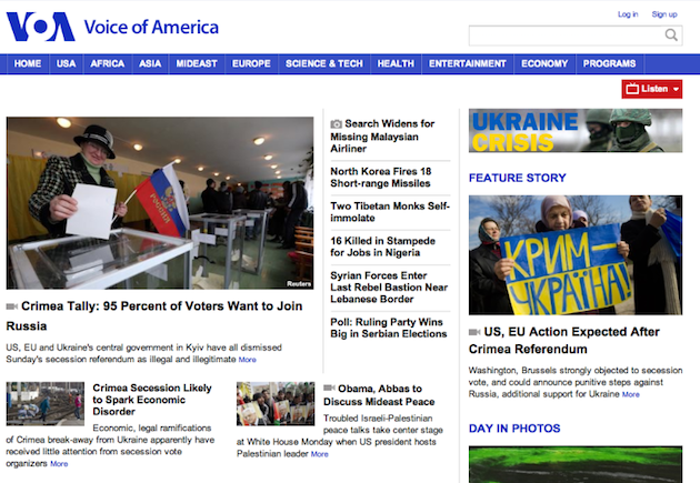 Voice of America Homepage Screen Shot 2014-03-16 at 6.51PM EDT. Voice of America has not yet reported on the Obama-Putin phone call, which took place Sunday afternoon Washington, D.C.  time.
