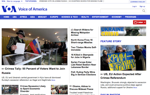 Voice of America Homepage Screen Shot 2014-03-16 at 7.07PM EDT. There is still no mention of the Obama-Putin phone call.
