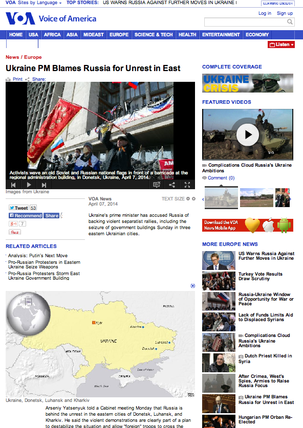 VOA  Ukraine Report Screen Shot 2014-04-07 at 10.46PM EDT. The map remained on the Voice of America English news web site all day on April 7 and  for many hours on April 8. It was removed by VOA only after the publication of this BBG Watch article.