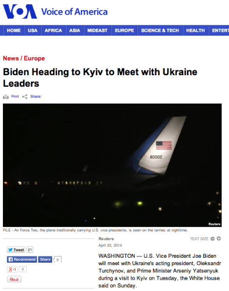 VOA Uses Reuters Report on Biden Ukraine Trip 4-20-14