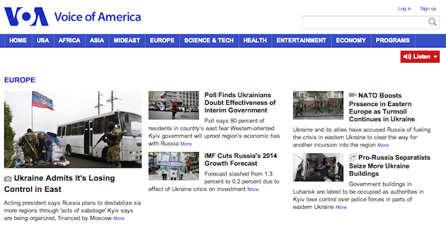 Voice of America Europe News Screen Shot 2014-04-30 at 4.45PM EDT. Nearly five hours after Vice President Biden's speech there is still no mention of his announcement that President Obama will visit Europe in June.