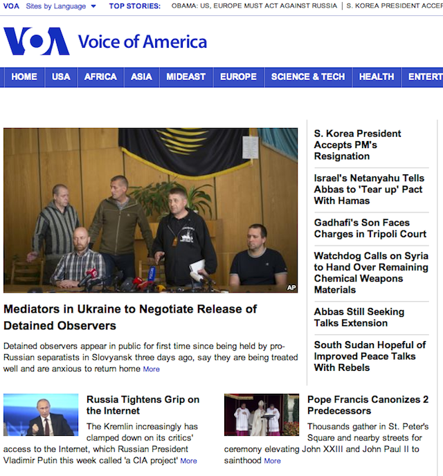 Voice of America Homepage Screen Shot 2014-04-27 at 1.10PM EDT. The canonization of  John XXIII and John Paul II news story was in the ninth news lineup position on the VOA homepage  and stayed there all afternoon and evening, Sunday, April 27, 2014.