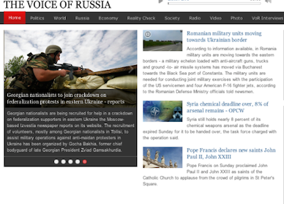 Voice of Russia Screen Shot 2014-04-27 at 3.03PM  EDT. Voice of Russia has the canonization of John XXII and John Paul II as number three news story.