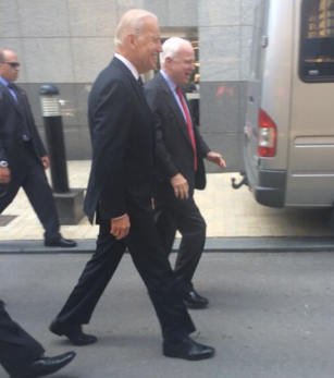 While sending VOA Director David Ensor on a European trip, Voice of America had barely any coverage in English and most other languages on Vice President Biden's visit to Ukraine and did not post on its English news website any photos or other multimedia content. This photo of Biden and Senator McCain walking together in Kyiv came from Senator McCain's tweet.