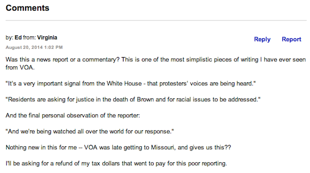 Comment on VOA Report from Ferguson Posted on VOA Website