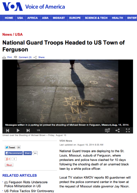 VOA Ferguson Report Screen Shot 2014-08-18 at 12.53PM EDT. The VOA report was written in Washington, not in Ferguson, Missouri, and was not updated for many hours since 8:35 AM, EDT.