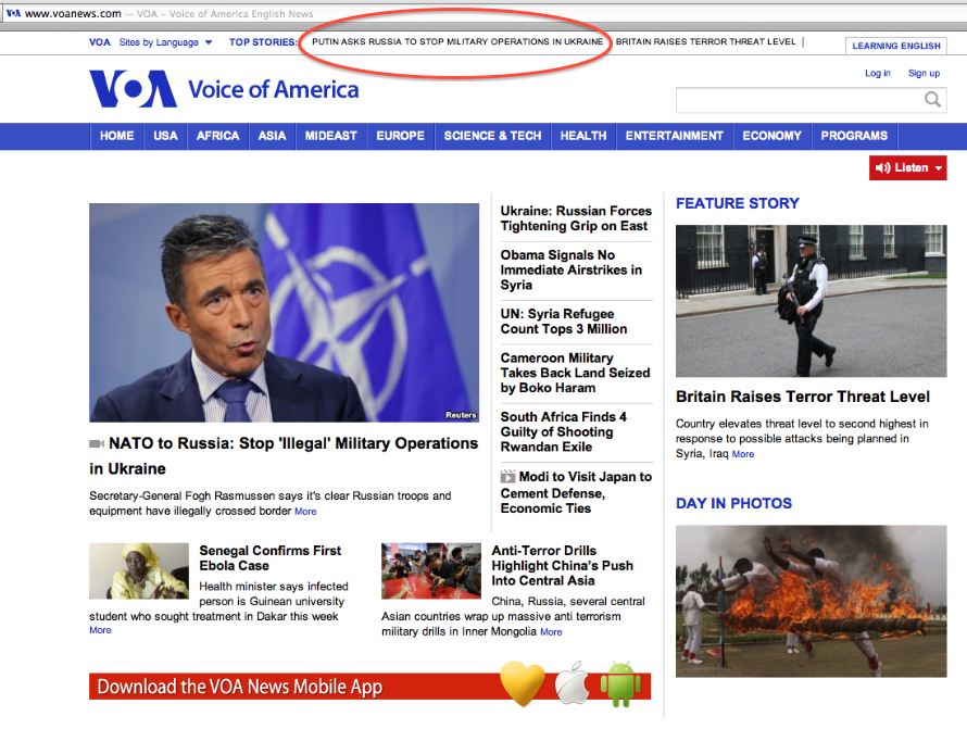 Voice of America Homepage PUTIN ASKS RUSSIA TO STOP MILITARY OPERATIONS IN UKRAINE Screen Shot 2014-08-29 at 12.42PM EDT