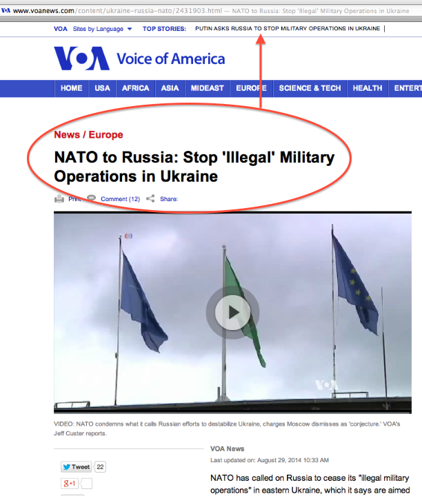 Voice of America Report Screen Shot 2014-08-29 at 1.15PM EDT. The report's headline is "NATO to Russia: Stop 'Illegal' Military Operations in Ukraine." The TOP STORIES headline is "PUTIN ASKS RUSSIA TO STOP MILITARY OPERATIONS IN UKRAINE."