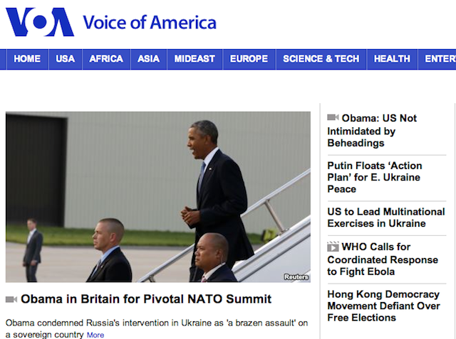 VOA Homepage Screen Shot 2014-09-04 at 2.06AM EDT. There is no link to the full report about President Obama's important foreign policy speech in Estonia while links to many older news reports remain.  The lead report "Obama in Britain for Pivotal NATO Summit" has only three sentences on what Obama said in Tallinn.