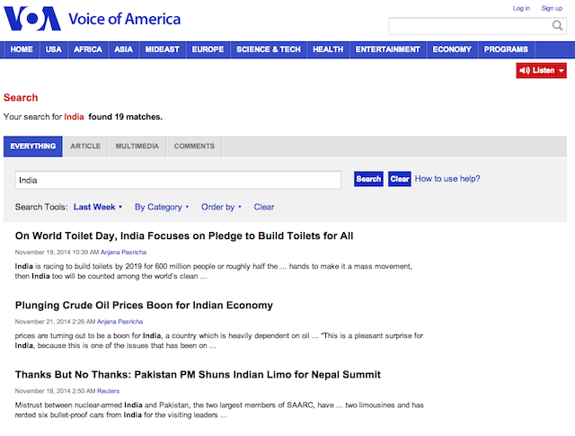 Voice of America Obama India Visit Search Screen Shot 2014-11-21 at 1.11PM ET
