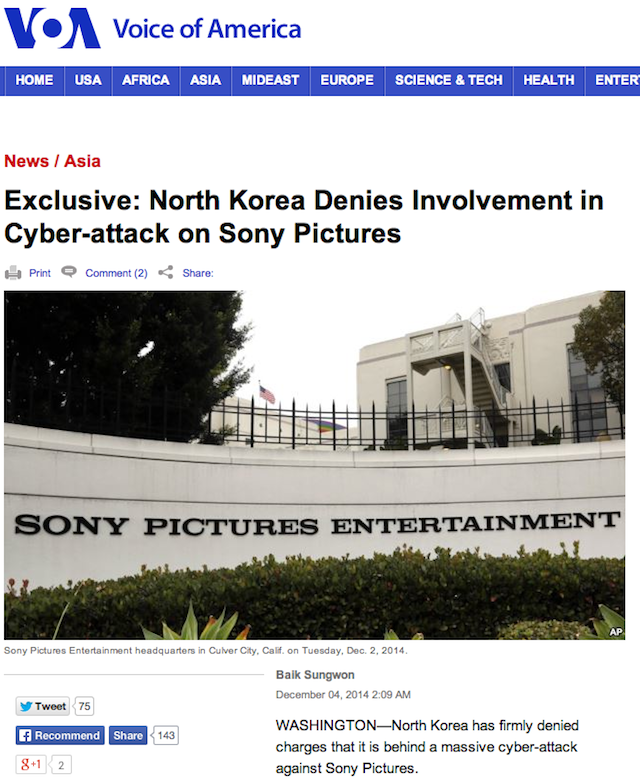 Voice of America Screen Shot 2014-12-20 at 4.48 PM ET. Voice of America did not mention this earlier "Exclusive"  VOA news when reporting on President Obama's Friday's comments on the North Korean cyber attack on Sony.