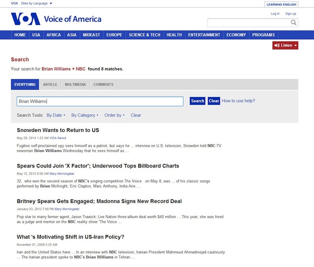 Search of VOA site for other Brian Williams stories